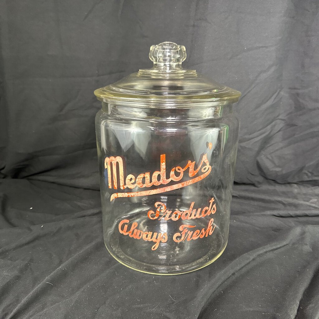 Vintage Meadors' Products Glass Advertising Store Jar with Glass Lid