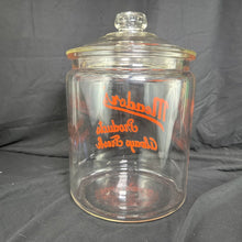 Load image into Gallery viewer, Vintage Meadors&#39; Products Glass Advertising Store Jar with Glass Lid
