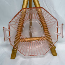 Load image into Gallery viewer, Vintage Pink Depression Glass Dish with Handles &amp; Floral Detail
