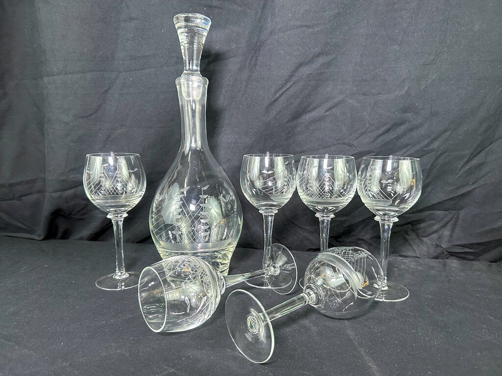 Vintage Etched Schooner Decanter & Glasses (6) Set