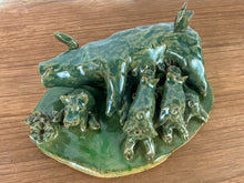 Load image into Gallery viewer, Signed Lynn Bailey &quot;Green Mama Pig with Piglet Pile&quot; Ceramic Sculpture
