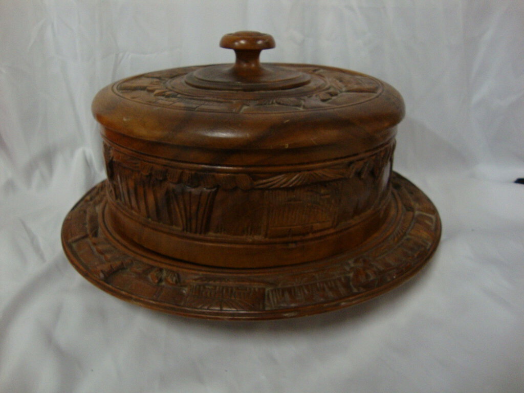 Vintage Monkey Pod Carved Relief Wood Cake Stand with Dome Top