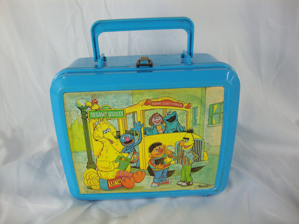 Vintage Aladdin Sesame Street Blue Plastic Lunchbox with Thermos