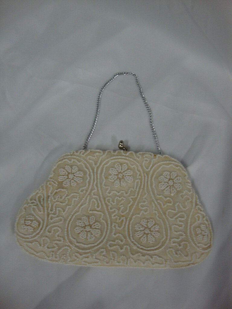 Vintage Bags By Dormar Japan Cream Beaded Evening Bag with Chain Handle