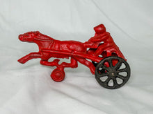 Load image into Gallery viewer, Vintage Reproduction Red Cast Iron Racing Horse and Surrey Toy
