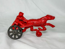 Load image into Gallery viewer, Vintage Reproduction Red Cast Iron Racing Horse and Surrey Toy
