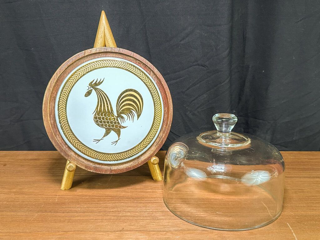 Vintage Wood Chicken Cheese Board with Glass Dome