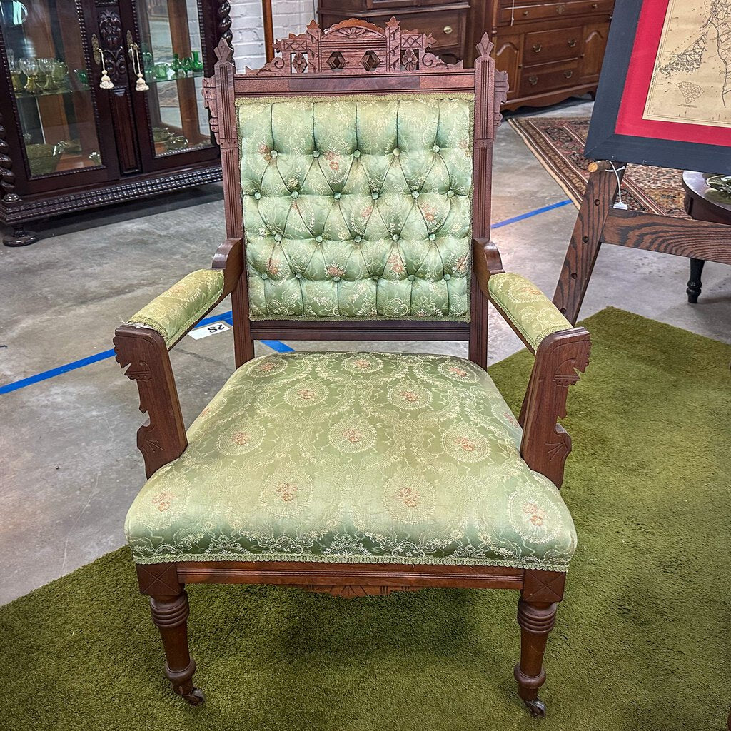 Antique Eastlake Tufted Kings Chair with Casters, Light Green