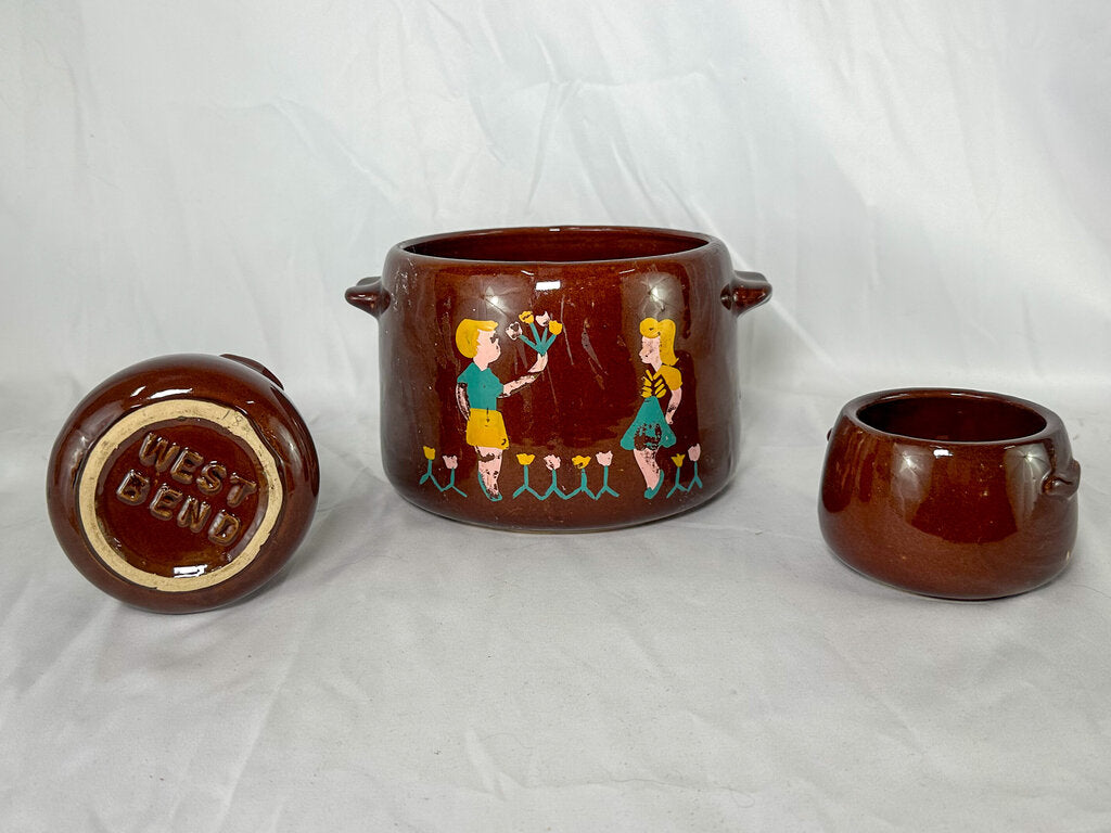 Vintage West Bend Hand-Painted Bean Pot (No lid) Boy/Girl & Two Bowls