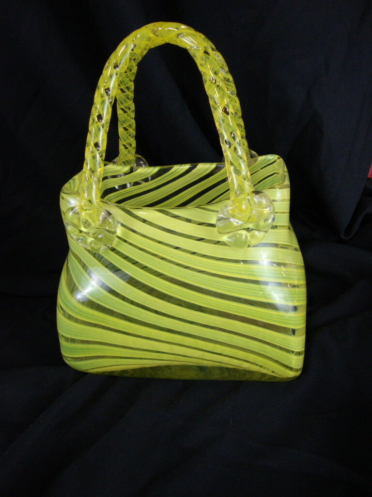Vintage Hand Blown Glass Purse Shaped Vase Planter Lime Yellow and Clear Glass