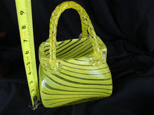 Load image into Gallery viewer, Vintage Hand Blown Glass Purse Shaped Vase Planter Lime Yellow and Clear Glass
