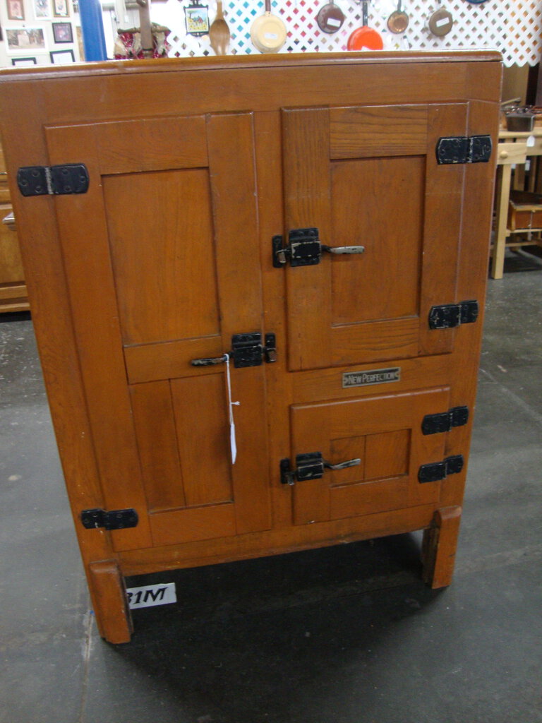 Antique New Perfection Oak Three Door Icebox Refrigerator