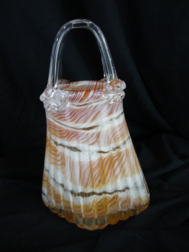 Vintage Hand Blown Glass Purse Shaped Vase Planter Orange White and Clear Glass