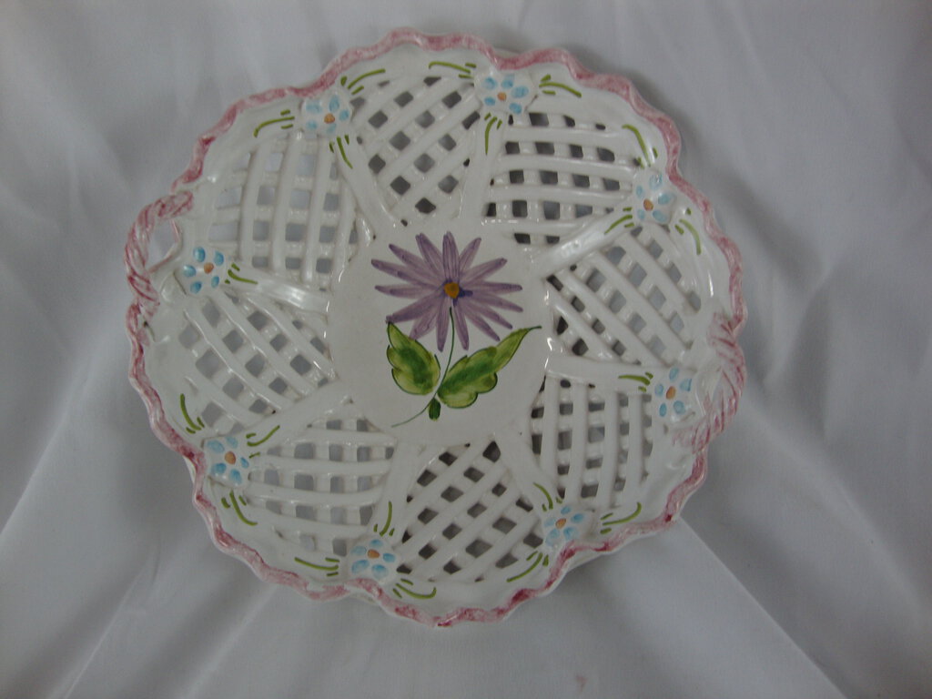 Vintage Portugal Handpainted Ceramic Lace Decor Bowl with Purple Daisy