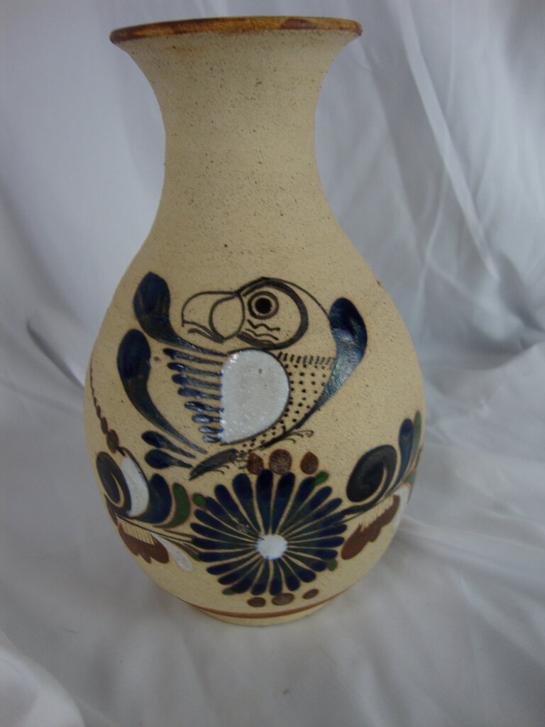 Vintage J Campe Tonala Mexican Blue/White Bird Floral Art Pottery Vase