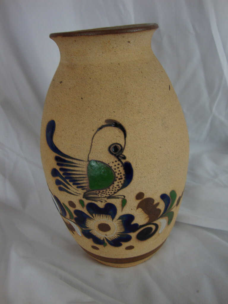 Vintage Tonala J. Campe Signed Mexican Blue/Green Bird & Flower Vase