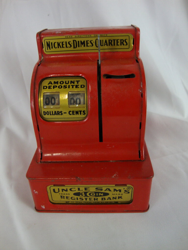 Vintage Uncle Sam's Red Tin Cash Register Mechanical Coin Bank