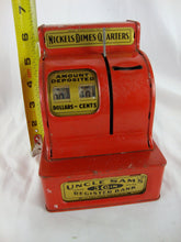Load image into Gallery viewer, Vintage Uncle Sam&#39;s Red Tin Cash Register Mechanical Coin Bank
