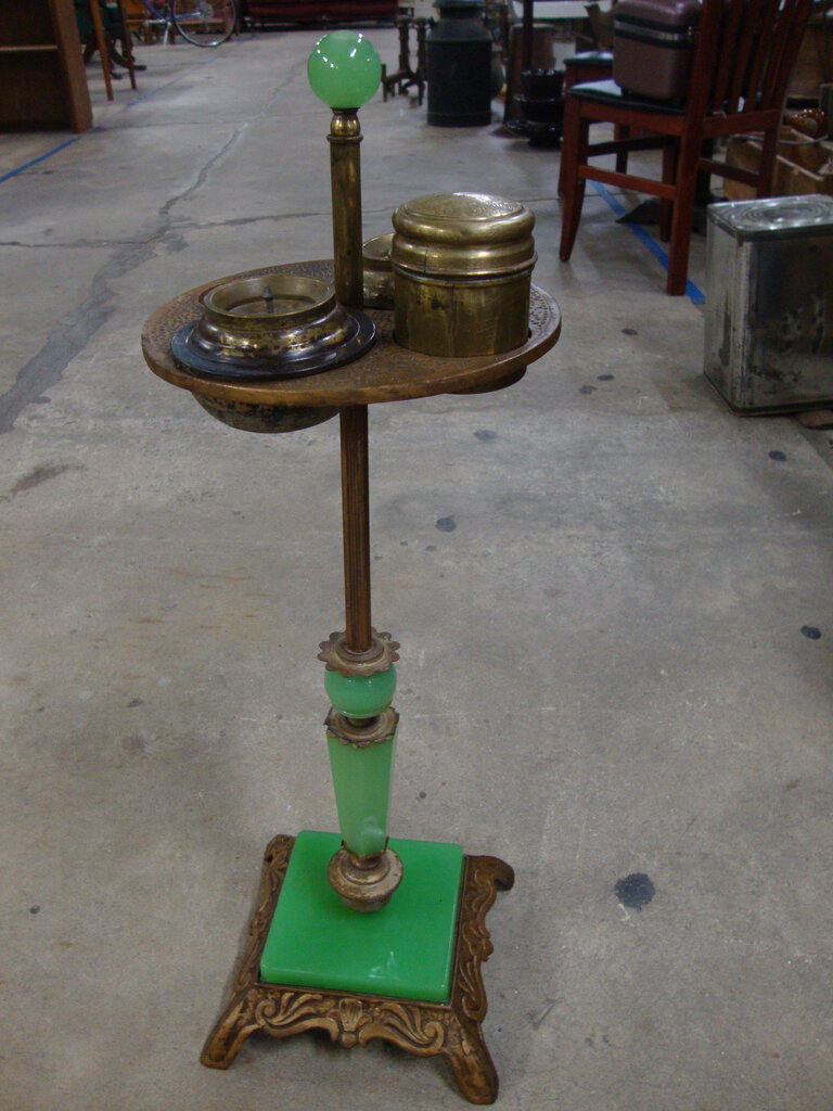 Vintage Jadeite & Brass Pedestal Cigarette Smoking Stand