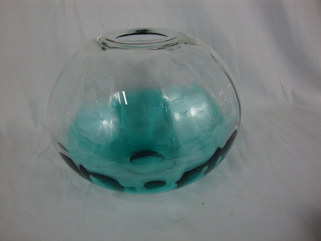 Vintage Hand Blown Clear & Aqua Glass Melon Art Bowl Vase