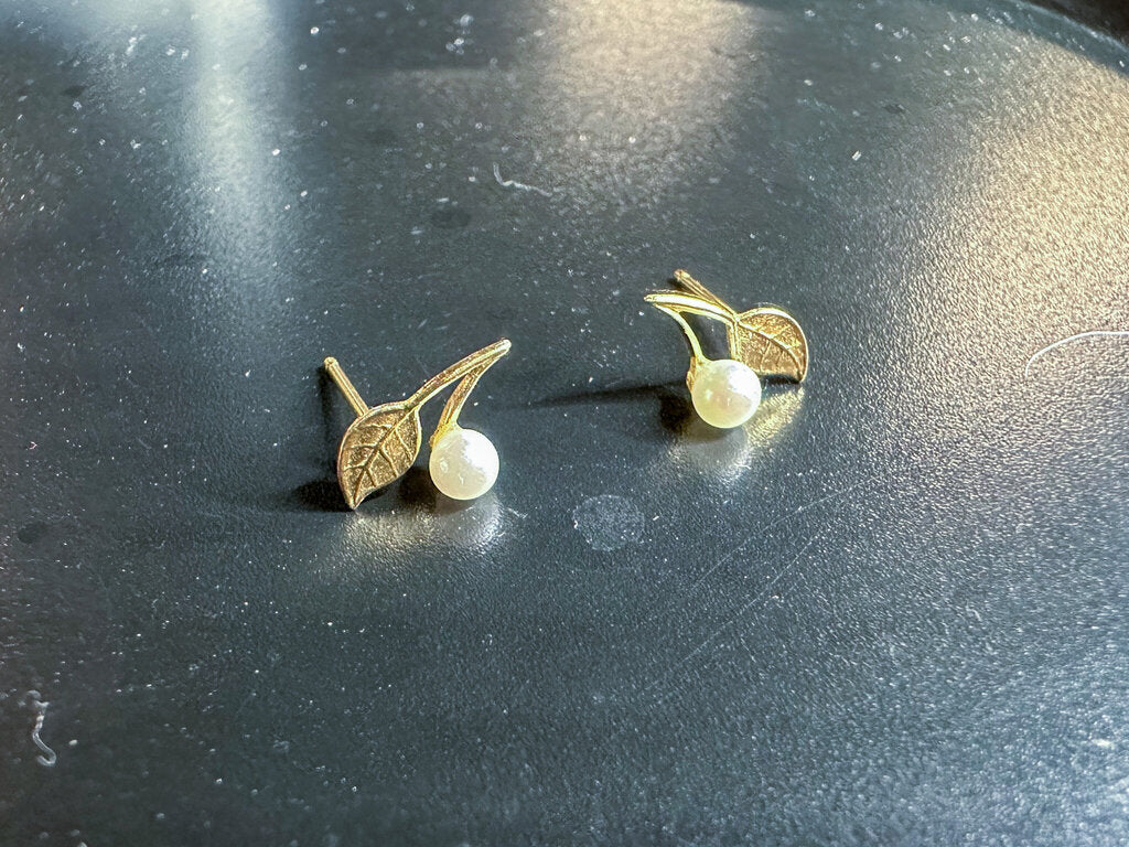 Vintage Gold & Faux Pearl Cherry Stud Earrings