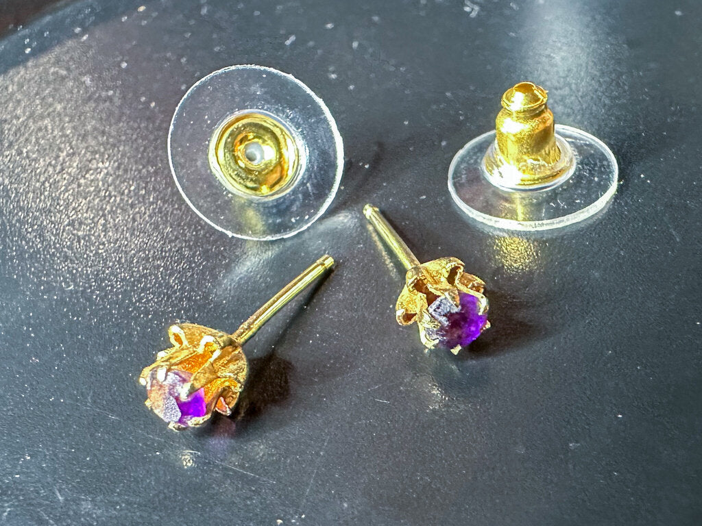 Vintage Gold & Amethyst February Birthstone Stud Earrings, Not Original Backs