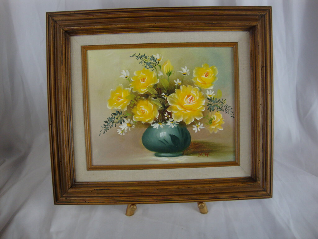 Vintage Original Yellow Roses Artist Signed Framed Oil on Canvas Painting