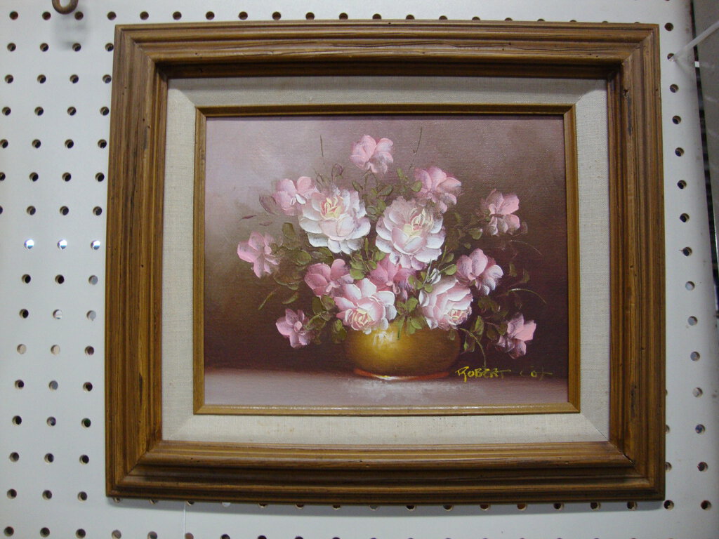 Vintage Signed Robert Cox Pink Roses Blooming Framed Oil on Canvas Painting