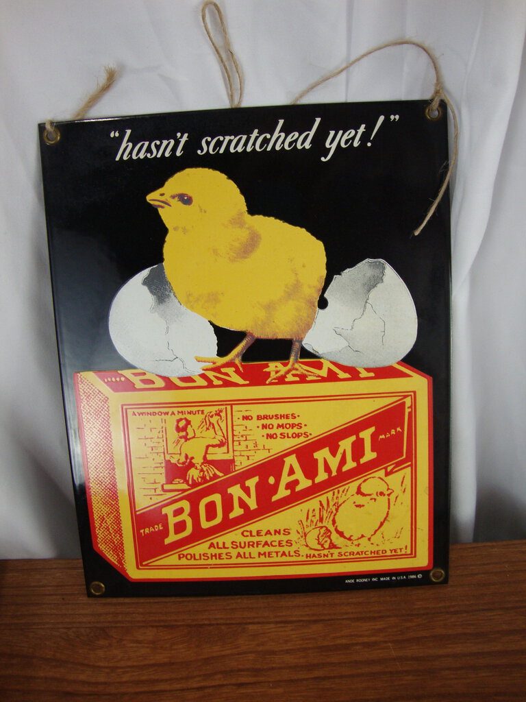 1986 Ande Rooney Porcelain Enamel Bon Ami hasn't scratched yet! Wall Sign Decor