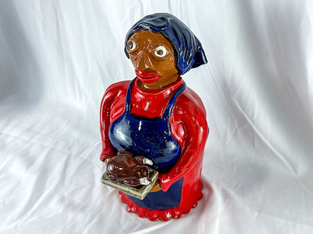 Signed Marvin Bailey Folk Art Lady with Turkey Pottery Sculpture