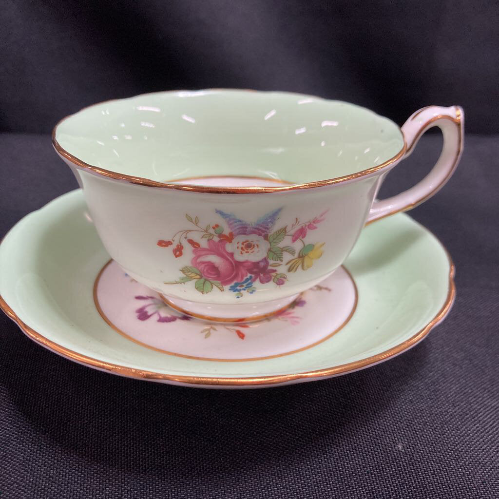 Hammersley and Co. Green with Floral Transfer Teacup and Saucer