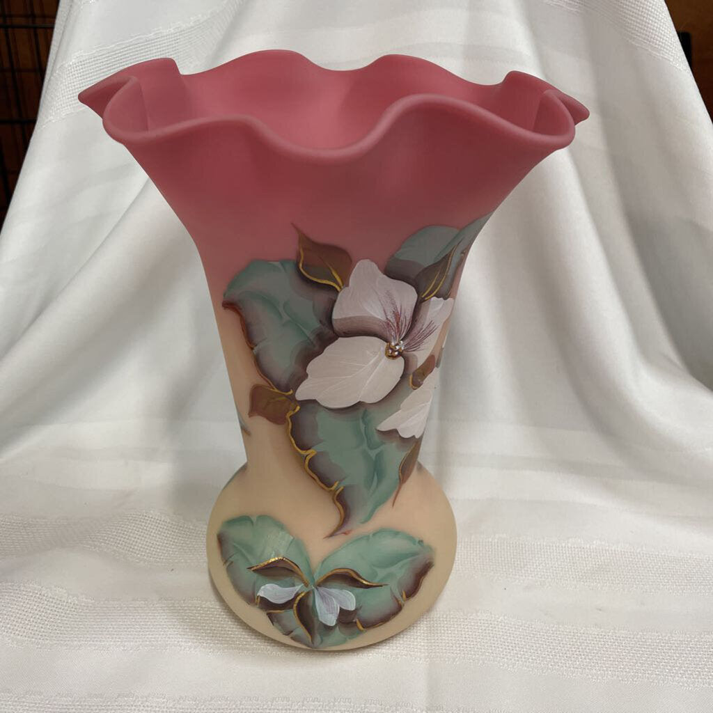 Vintage Fenton Burmese Handpainted Trillium Large Vase