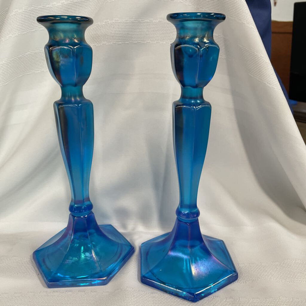 Northwood Blue Carnival Stretch Glass Candleholder Pair