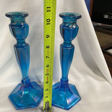 Load image into Gallery viewer, Northwood Blue Carnival Stretch Glass Candleholder Pair
