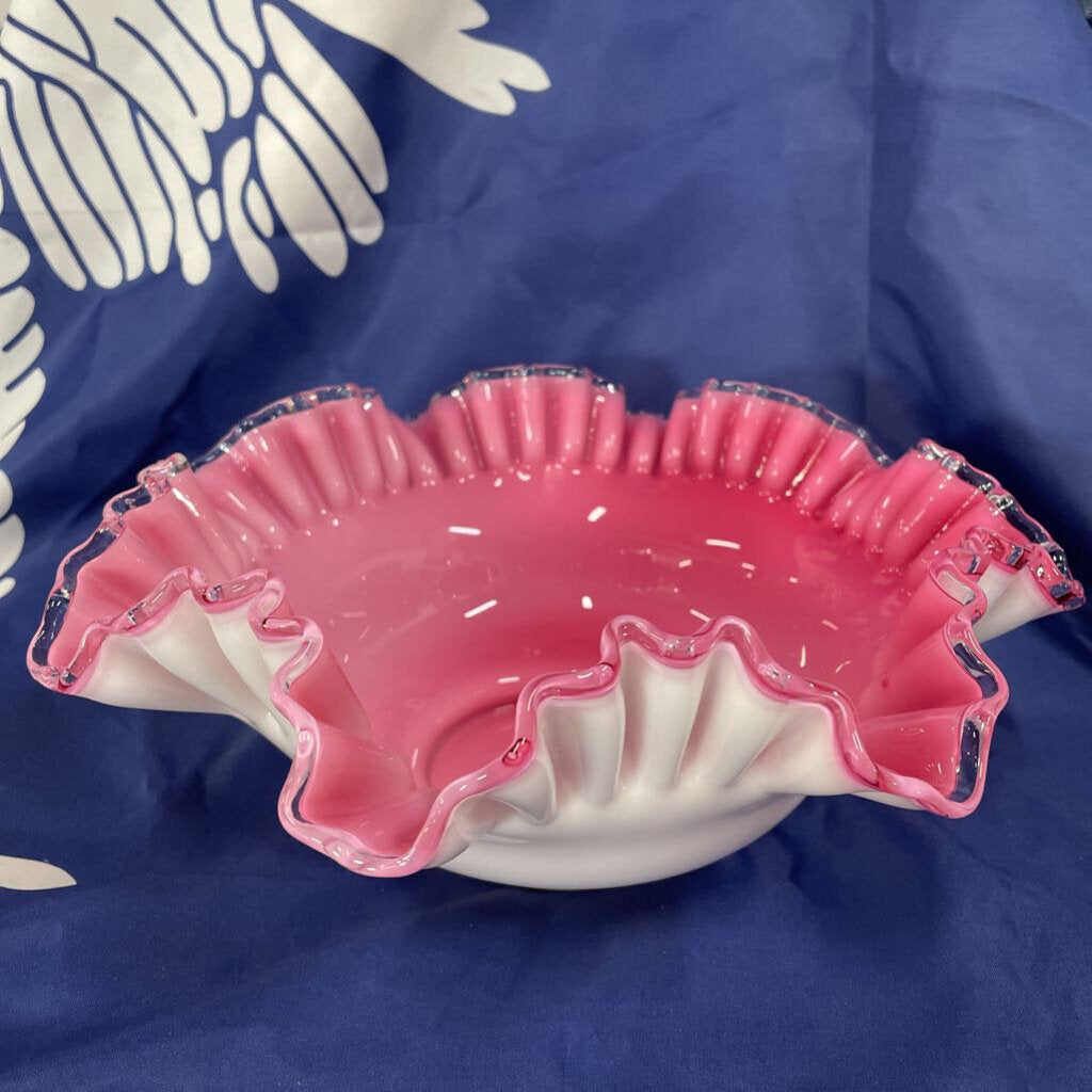 Vintage Fenton Pink and White Silver Crest Ruffled Decor Console Bowl