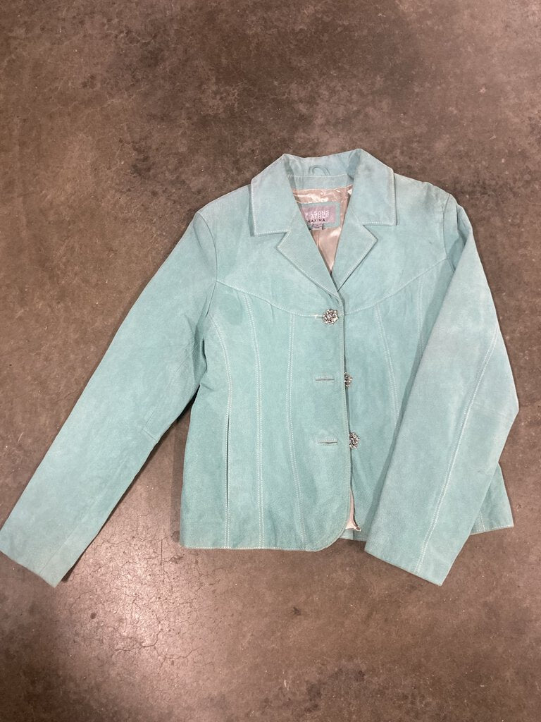 Jacket, Teal Suede Leather, size Large, Rhinestone Buttons, Wilson Leather Maxima