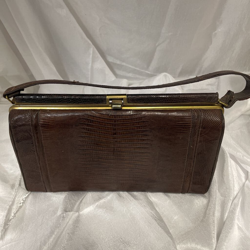 Purse, Embossed Leather, Snake Print, Brown with Gold Trim