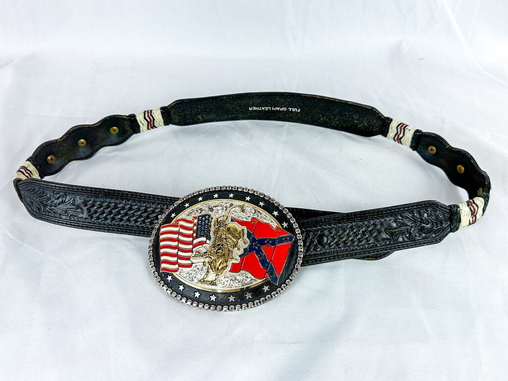 Vintage Black Leather Belt with Large Cowboy Rodeo Buckle