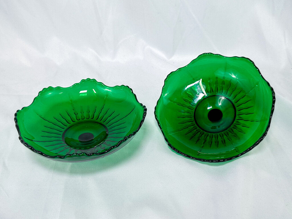 Emerald Green Glass Scalloped-Edge Compote Insert Candleholder Set