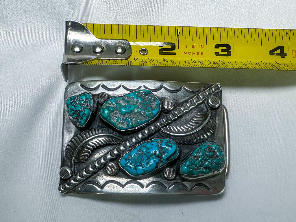 Vintage native American silver and turquoise deals belt buckle