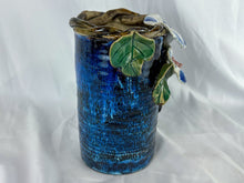 Load image into Gallery viewer, Hand-made Blue Ceramic Vase with Morning Glories, Unsigned
