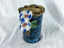 Load image into Gallery viewer, Hand-made Blue Ceramic Vase with Morning Glories, Unsigned
