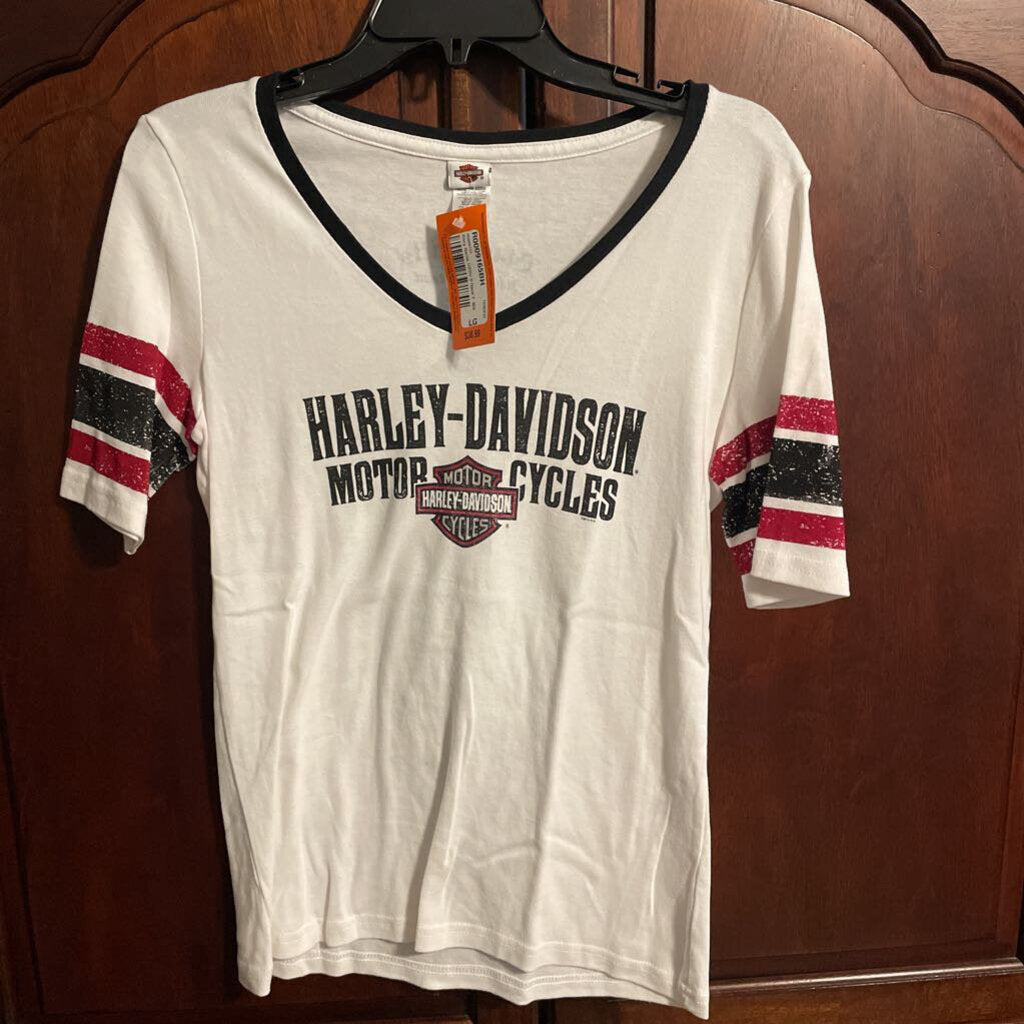 Harley Davidson, Large, Womens, White and Black, V-Neck, Rapid City SD