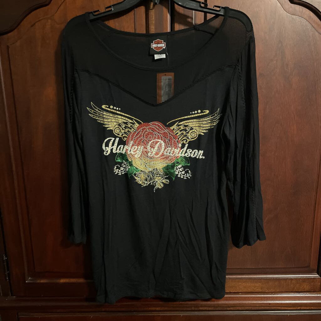 Harley Davidson, XL, Womens, Black Simple Flower,3/4 Sleeve