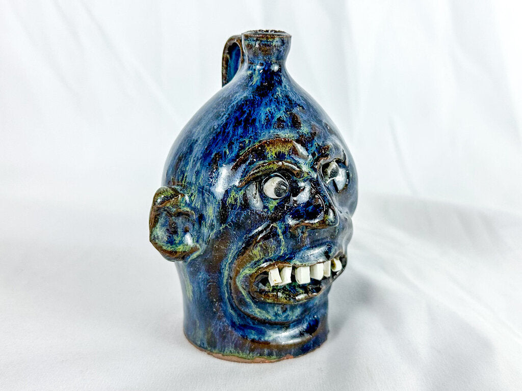 Signed Small Blue Marvin Bailey Ugly Face Jug with 6 Teeth