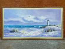 Load image into Gallery viewer, Vintage 1996 Framed Lighthouse Beach Scene Oil Painting by Kay Bright Barnes
