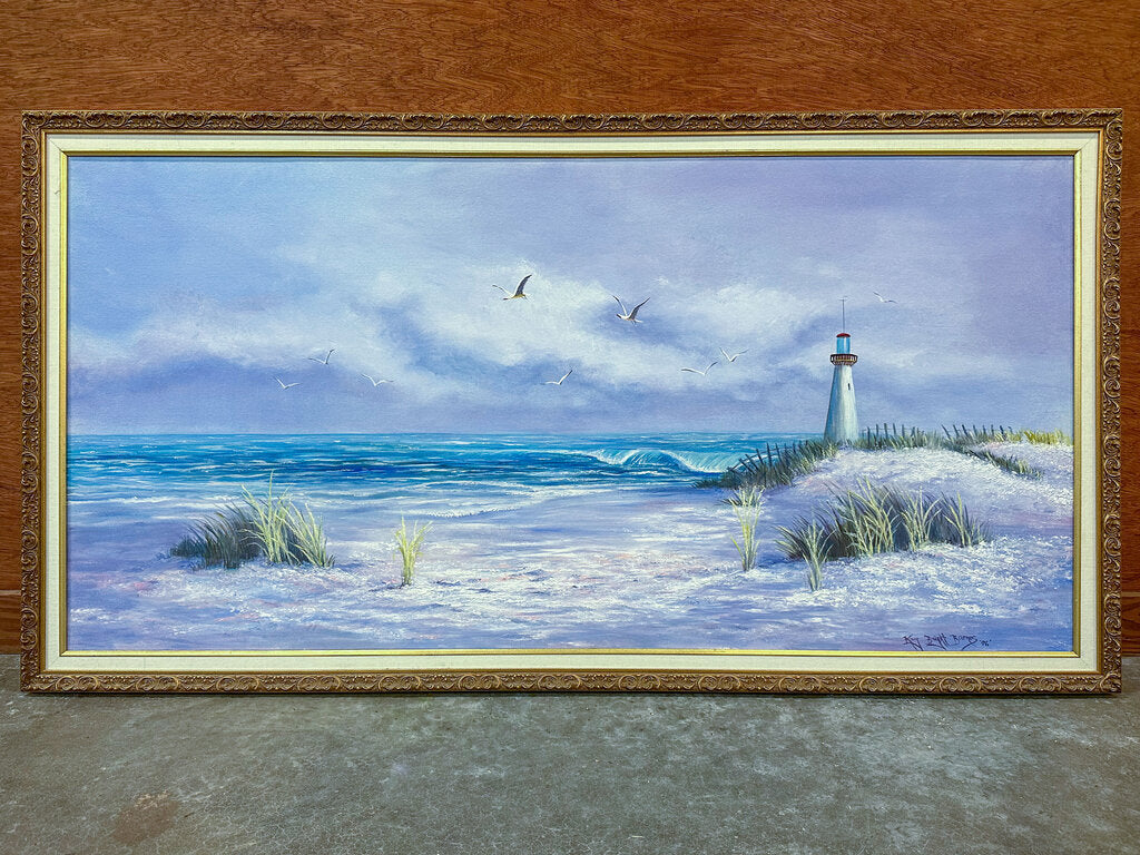 Vintage 1996 Framed Lighthouse Beach Scene Oil Painting by Kay Bright Barnes