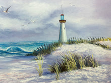 Load image into Gallery viewer, Vintage 1996 Framed Lighthouse Beach Scene Oil Painting by Kay Bright Barnes
