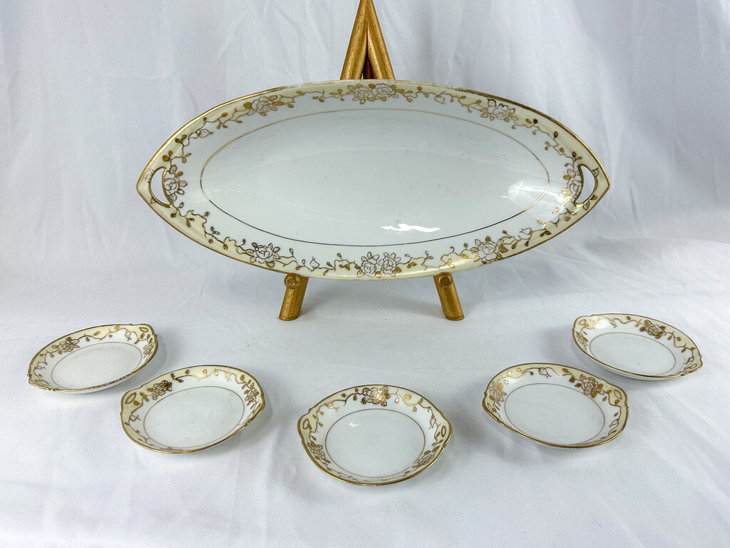 Vintage Hand-Painted Nippon Celery Platter & 5 Salt Cellars Set